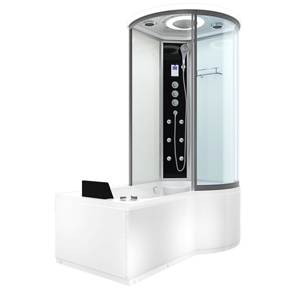 Weiße Duschkabine mit Badewanne, Glaspaneelen, schwarzem Duschpaneel mit Massagedüsen, Handbrause und Kopfstütze.