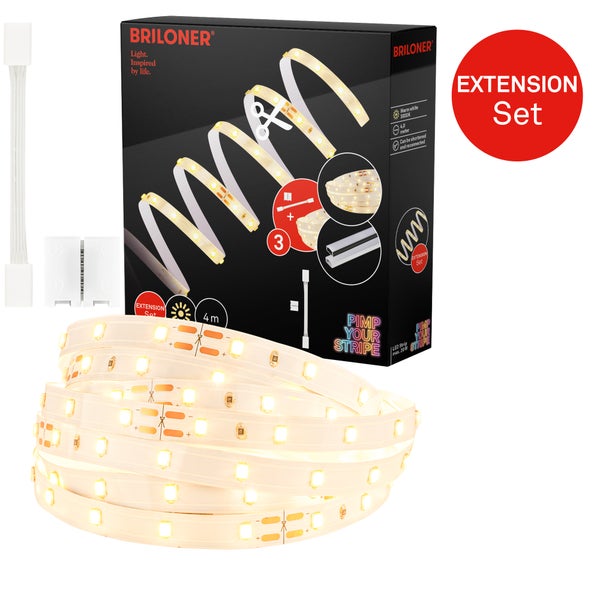 Briloner LED-Streifen Erweiterungsset warmweiß, 4 Meter Länge, kürzbar und wiederverbindbar, inklusive Zubehör.
