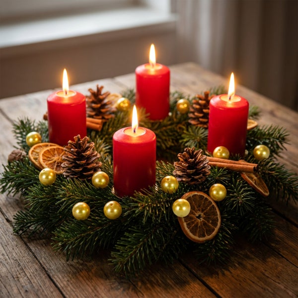 Adventskranz mit vier brennenden Kerzen dekoriert mit Tannenzweigen Tannenzapfen Zimtstangen und getrockneten Orangenscheiben auf Holztisch