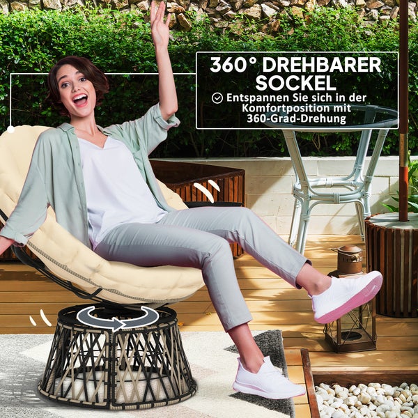 Outsunny Papasansessel Rattan 360° drehbar Korbsessel mit Kissen Durchmesser 90 cm runder Outdoor Rattansessel Drehsessel Loungesessel Liegesessel für Wohnzimmer Garten Balkon Beige