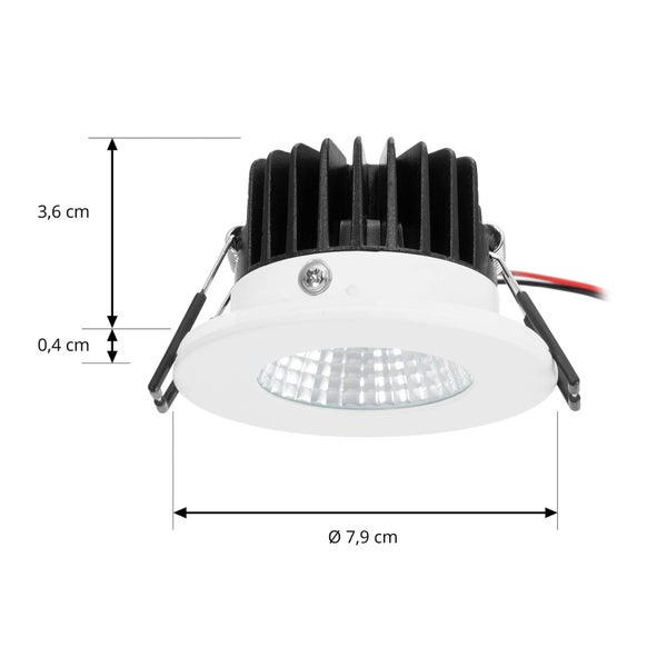LED Einbaustrahler mit Abmessungen Durchmesser 7,9 Zentimeter, Einbautiefe 3,6 Zentimeter und Blendenstärke 0,4 Zentimeter.