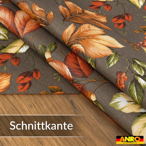 Wachstuch mit Herbstlaub-Motiv, Detailansicht der Schnittkante, ANRO Logo.