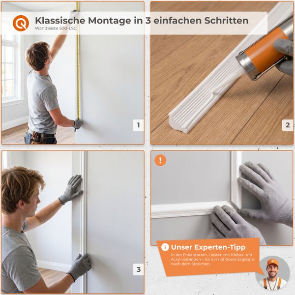 Anleitung zur Montage der Wandleiste 500-LSC in drei Schritten: Messen, Kleber auftragen und Anbringen der Leiste an der Wand.