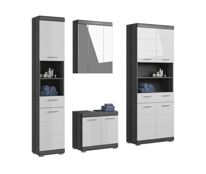 Modernes Badezimmermöbel-Set in Anthrazit und Weiß, bestehend aus Hochschrank, Spiegelschrank, Unterschrank und Highboard mit weißen Fronten.
