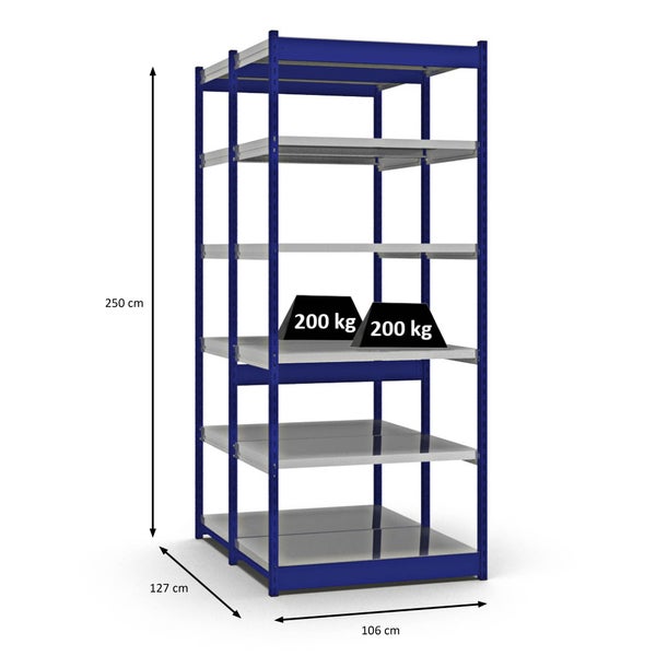 PROREGAL Fachbodenregal Stecksystem Vierkant-Profil Grundregal HxBxT 250 x 102,5 x 60 cm 2x6 Ebenen Doppelseitige Bauart Fachlast 200 kg Enzianblau