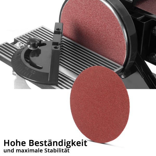 Details einer Schleifmaschine mit Schleifscheibe und Winkeleinstellung.