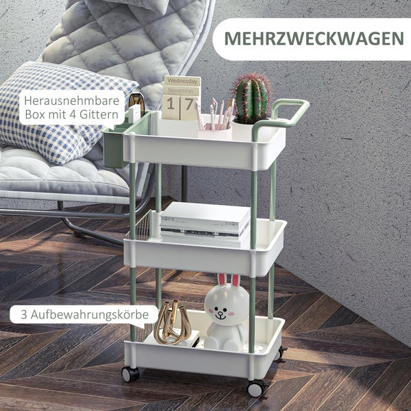HOMCOM Rollwagen, Servierwagen mit 3 Etagen, Hängekorb, Aufbewahrungswagen mit Griff, Küchenwagen, Beistellwagen für Küche, Wohnzimmer, Büro, Stahl, Weiß
