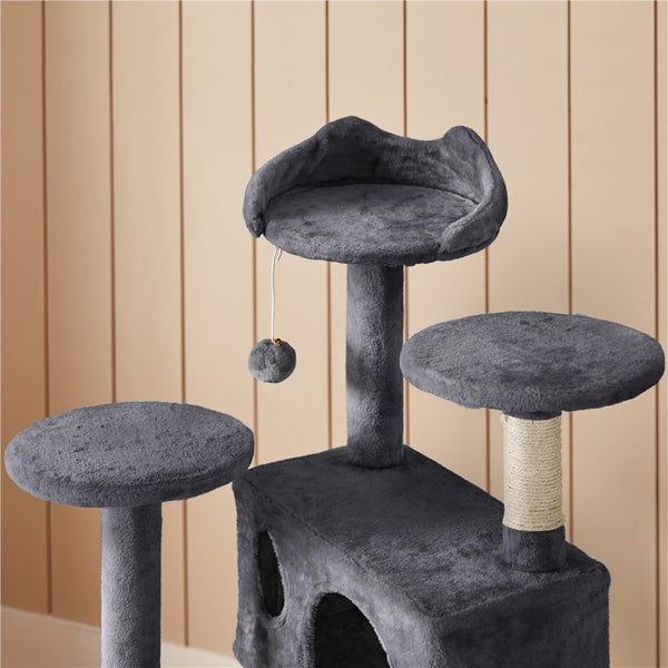 Grauer Kratzbaum mit Plattformen, Höhle und Spielzeugball für Katzen