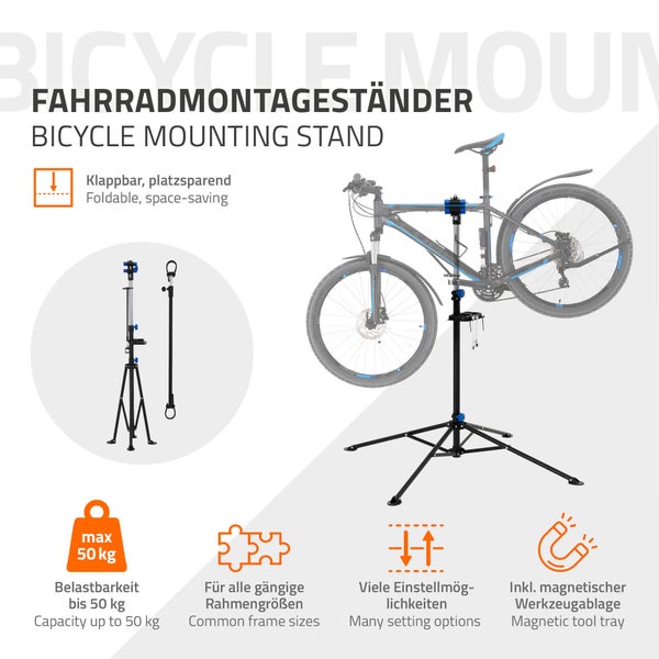 ECD Germany Fahrradmontageständer E-Bike Reparaturständer 360° drehbar/höhenverstellbar 105-185cm, Fahrradständer robust für alle Fahrradarten bis 50kg, Stativfuß 4-beinig, Magnetischer Werkzeugablage