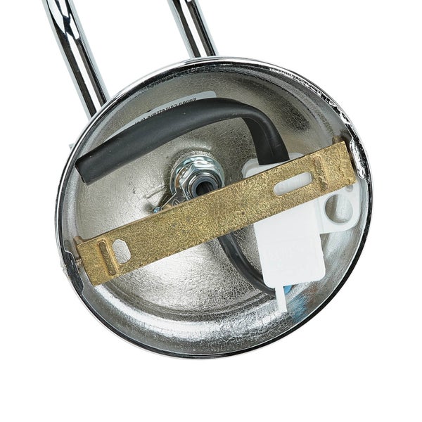 Innenansicht einer chromfarbenen Deckenleuchte mit Verkabelung und Befestigungsmaterial