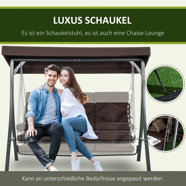 Outsunny Hollywoodschaukel, 3-Sitzer, mit Verstellbarem Sonnendach, mit Kissen, bis 270 kg Belastbar, 200 x 115 x 168 cm, Metall, Texteline, Braun