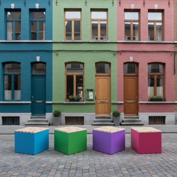 Drei farbige Backsteinfassaden mit Holztüren und Fenstern an einer Kopfsteinpflasterstraße mit vier bunten Sitzwürfeln mit Holzauflage.