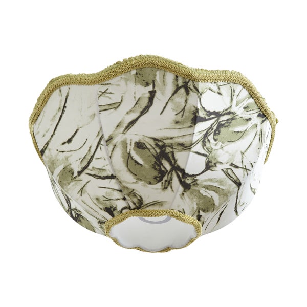 Lampenschirm aus Textil mit floralem Muster, gewelltem Rand und Borte.