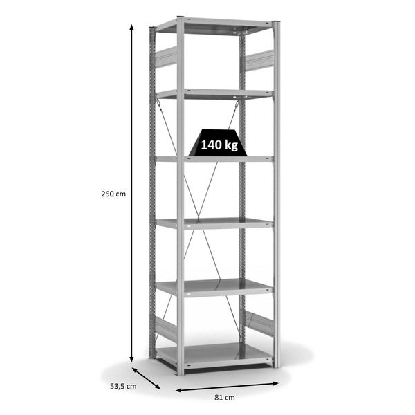PROREGAL Fachbodenregal Stecksystem T-Profil Light-Duty Grundregal HxBxT 250 x 75 x 50 cm 6 Ebenen Fachlast 140 kg Einseitig Nutzbar Verzinkt