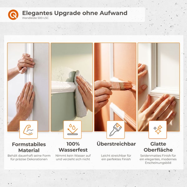 Infografik zu Eigenschaften der Wandleiste 500-LSC: formstabil, wasserfest, überstreichbar und glatte Oberfläche für einfache Wanddekoration.