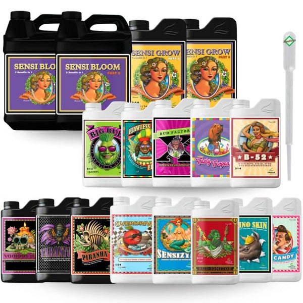Advanced Nutrients Dünger-Set mit Pflanzennährstoffen wie Sensi Bloom, Sensi Grow und Big Bud in Kunststoffflaschen inklusive einer Pipette.