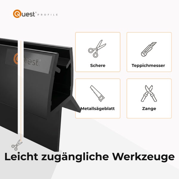 Quest Profile Logo. Schwarzes Kunststoffprofil im Querschnitt mit Symbolen für empfohlene Werkzeuge: Schere, Teppichmesser, Metallsägeblatt und Zange.