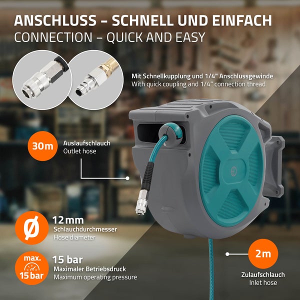 Druckluft Schlauchtrommel mit 30 Meter Auslaufschlauch, 2 Meter Zulaufschlauch, 12 Millimeter Durchmesser und 15 Bar maximalem Betriebsdruck.