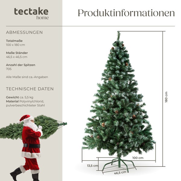 Tectake Home künstlicher Weihnachtsbaum mit einer Höhe von 180 Zentimetern, Tannenzapfen und Ständer aus pulverbeschichtetem Stahl.