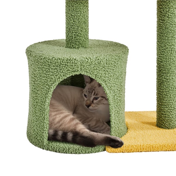 Katze ruht in einem grünen Katzenbaum mit Kratzbaum