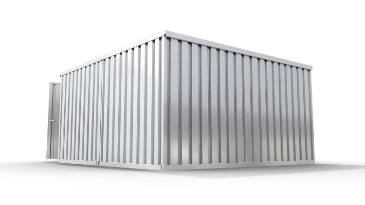 Lagercontainer Gerätehaus XL2  – 21 qm, H2150 x B5080 x T4340 mm, verzinkt, mit Holzfußboden, 1830 mm Doppelflügeltür mittig in Stirnseite, zerlegt