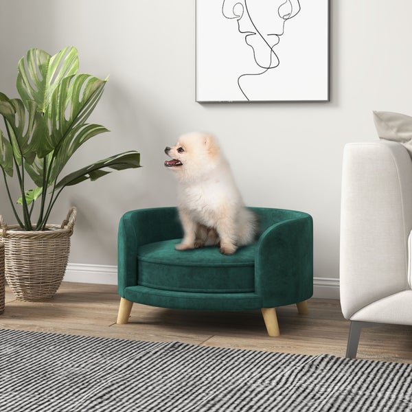 PawHut Hundesofa, Haustiersofa mit Samtoptik, Katzensofa mit Kissen, Hundebett, Hundecouch mit Erhöhtem Design, Hundesessel mit Holzbeine, Grün, 68 x 68 x 35 cm