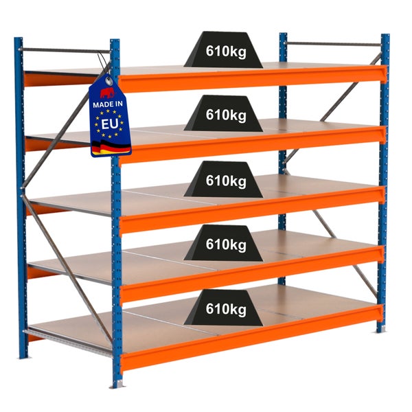 Regal mit fünf Ebenen und Belastungsgewichten sowie Made in EU Kennzeichen