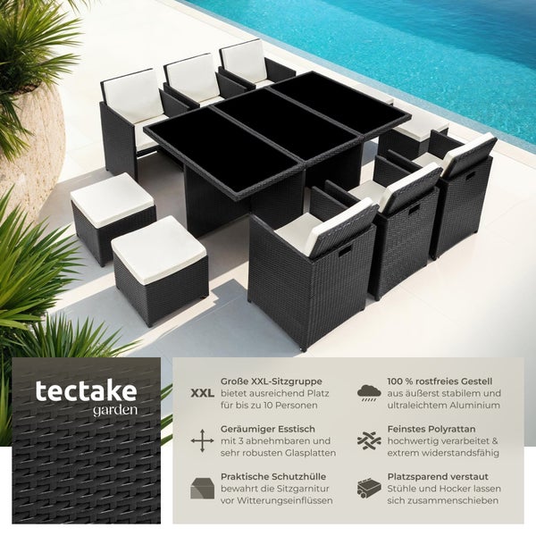Rattan Sitzgruppe tectake New York 2 Bezugssets, zusammenschiebbar, inklusive Schutzhülle mit Aluminiumgestell schwarz