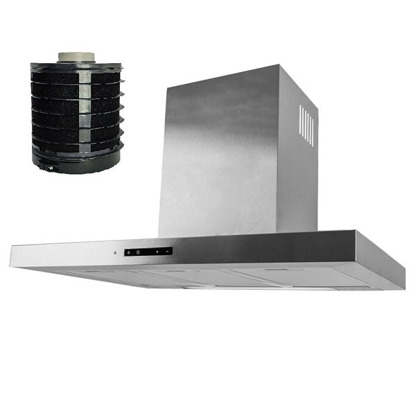 Wandhaube aus Edelstahl inklusive rundem Aktivkohlefilter.