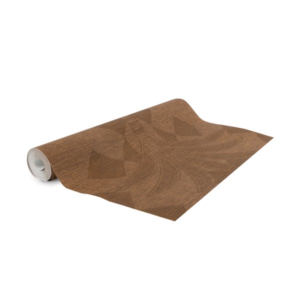 Braune Vliestapete mit abstraktem geometrischem Muster, Rolle teilweise abgerollt.