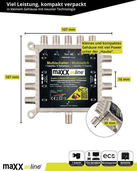Multischalter 8 Teilnehmer & 1 Satellit, Quad- & Quattro LNB tauglich, kein Netzteil notwendig, DVB-S Multiswitch 5/8 mit eco Sparmodus