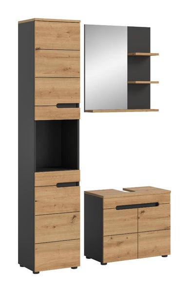 Badezimmermöbel-Set bestehend aus Hochschrank, Spiegel mit Regal und Waschbeckenunterschrank in Eiche-Optik und Anthrazit.