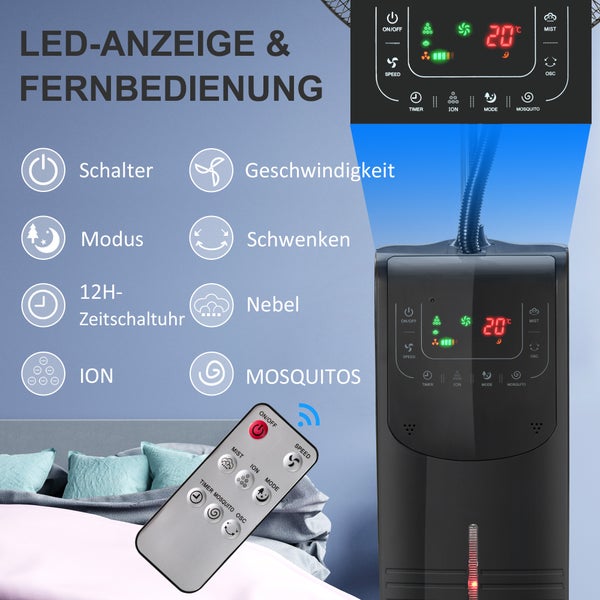 HOMCOM Standventilator mit 3,1 Liter Wasserkühlung 3 Modi Nebelfunktion 90 W Ventilator Lüfter Verstellbarer Neigungswinkel Stahl Schwarz Höhe 135 cm