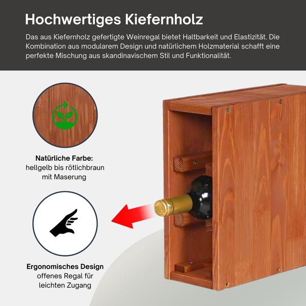 Modulares Weinregal aus massivem Kiefernholz mit natürlicher Maserung und einer Weinflasche im offenen Regalfach für einfachen Zugriff.