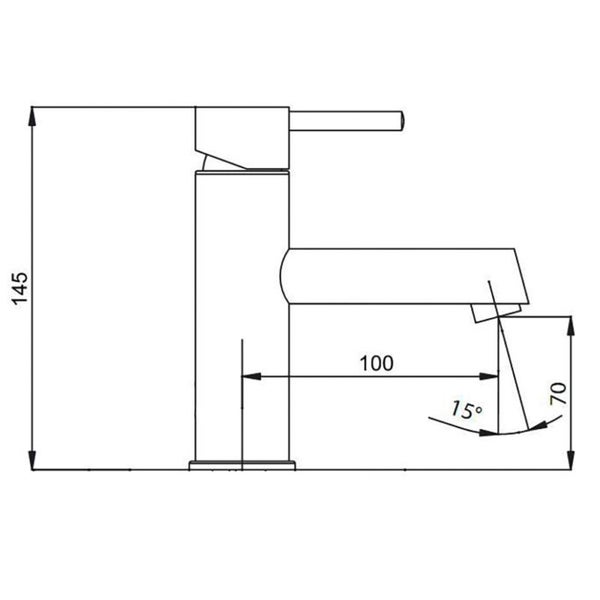 Maßzeichnung einer Waschtischarmatur: Höhe 145 Millimeter, Ausladung 100 Millimeter, Auslaufhöhe 70 Millimeter, Strahlwinkel 15 Grad.