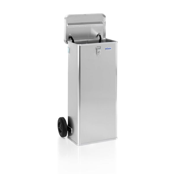 Gmöhling Aktenentsorgungsbehälter aus Aluminium mit Deckel, Schloss und zwei Rollen.