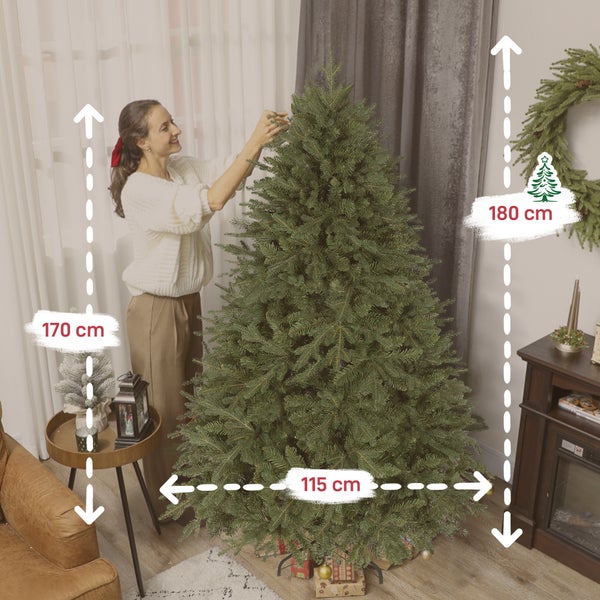 Künstlicher Weihnachtsbaum mit einer Höhe von 180 Zentimetern und einem Durchmesser von 115 Zentimetern, dekoriert von einer Frau in einem Wohnzimmer.