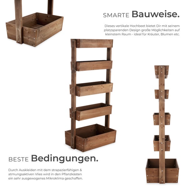 Vertikales Hochbeet aus Holz mit fünf Pflanzkästen in verschiedenen Größen, platzsparendes Design für Kräuter und Blumen.