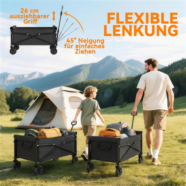 Faltbarer Bollerwagen mit flexiblem Griff und neigbarer Deichsel auf einer Campingwiese mit Zelt, Berglandschaft und zwei Personen.