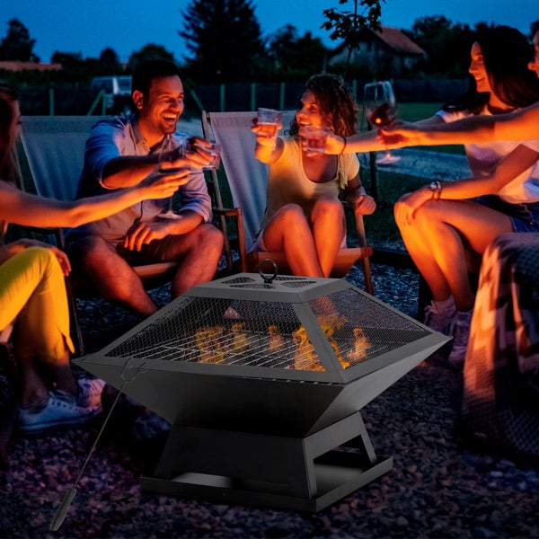 Outsunny Feuerschale mit Funkenschutz, Grillrost, Schürhaken, für Garten, Camping BBQ, 45 x 45 x 34 cm, Stahl, Schwarz