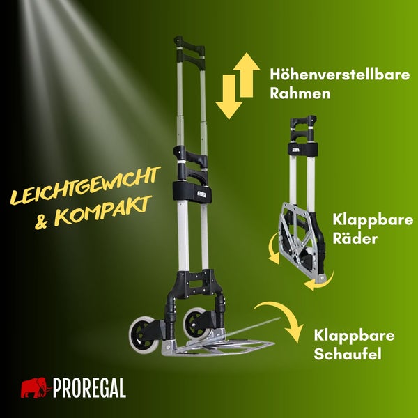 PROREGAL Klappbare Profi-Sackkarre ELEPHANT HxBxT 110x39x42cm Traglast 70kg Aluminiumrahmen, ergonomische Griffe, TRR Fachgummiräder Silber