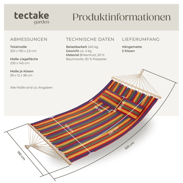 Hängematte tectake Eden 230 x 145 cm mit Spreitzstäben, für 2 Personen bunt gestreift