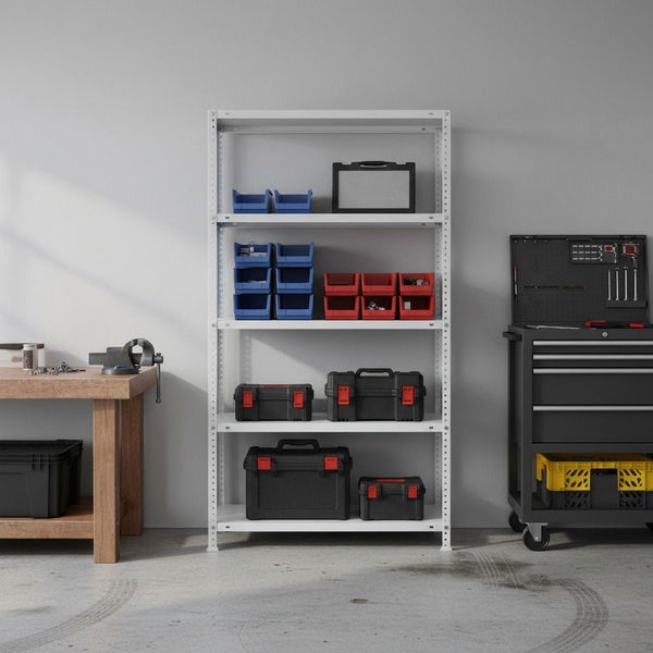Weißes Metallregal mit fünf Fachböden in einer organisierten Werkstatt mit Werkzeugkoffern und Sichtlagerkästen.