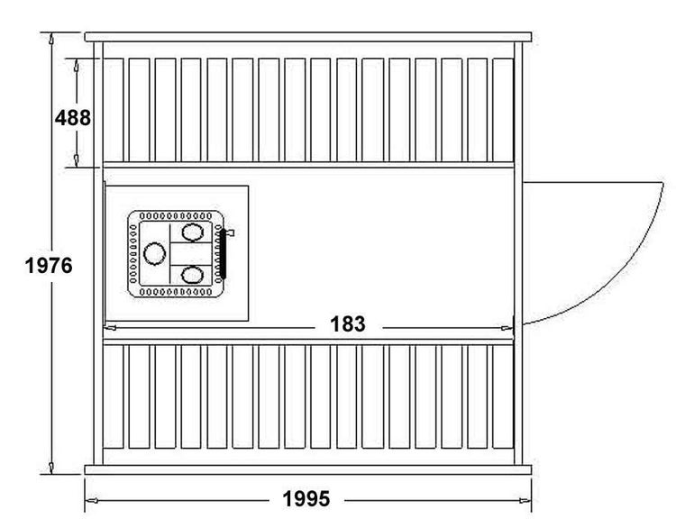 Maßzeichnung einer Sauna in der Vorderansicht mit den Abmessungen 1995 Millimeter Breite und 1976 Millimeter Höhe.