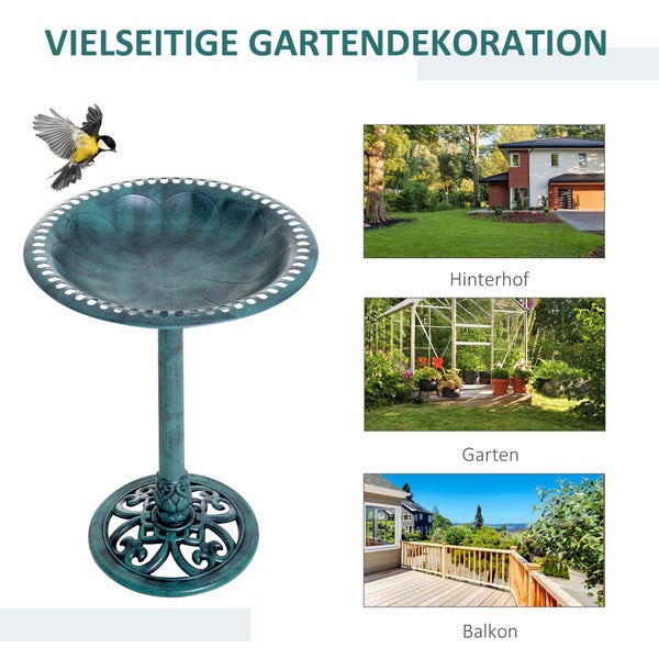 Vielseitige Vogeltränke aus Metall für Garten, Hinterhof und Balkon. Dekoratives Design mit antikem Finish und filigranem Standfuß.