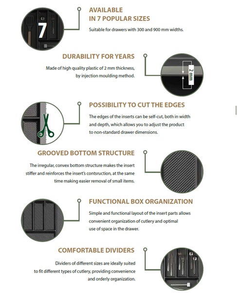 Infografik zeigt Merkmale des Besteckeinsatzes: 7 Größen, 2 Millimeter Kunststoffstärke, zuschneidbare Kanten, gerillter Boden und Facheinteilung.