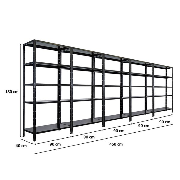 Langes Regal aus Metall mit mehreren Ebenen und den Maßen 180 x 450 x 40 cm.