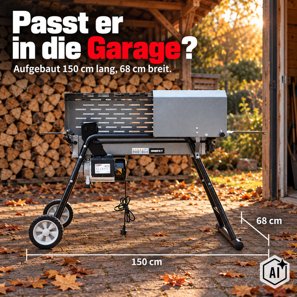 Elektrischer Holzspalter mit Untergestell und Rollen für den Transport, Abmessungen 150 Zentimeter Länge und 68 Zentimeter Breite.