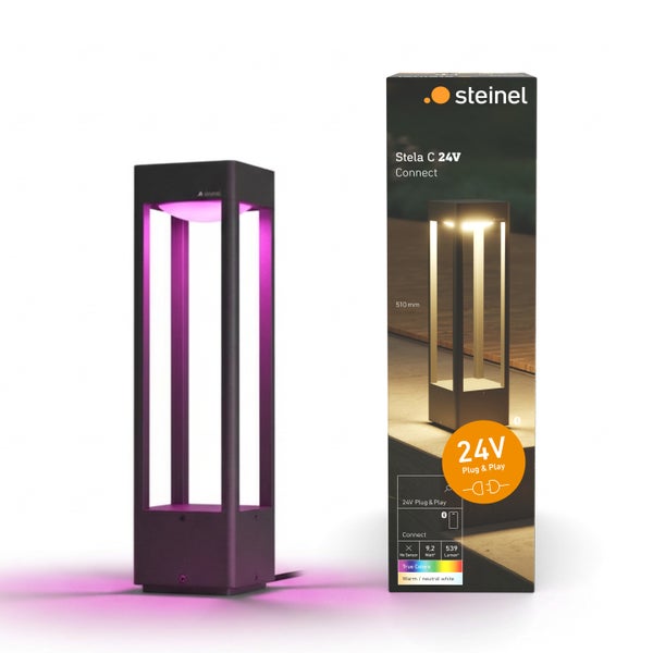 Steinel Wegeleuchte Stela C 24 Volt Connect, 510 Millimeter Höhe, anthrazit, mit farbigem Licht und Steinel Logo auf der Verpackung.