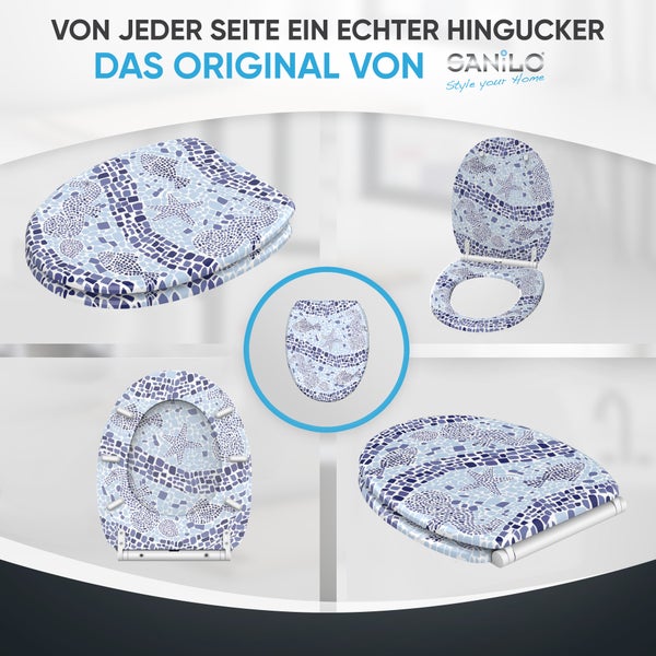 Sanilo Toilettensitz mit Mosaik-Muster und Meerestieren wie Fischen und Seesternen in verschiedenen Ansichten, Sanilo Logo.